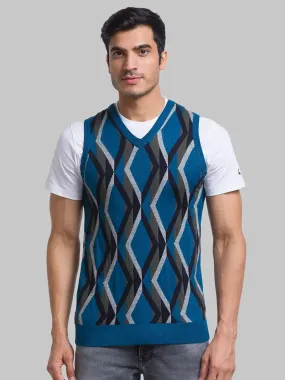 Men Petrol Intarsia Acrylic Blend Sleeveless Sweaters