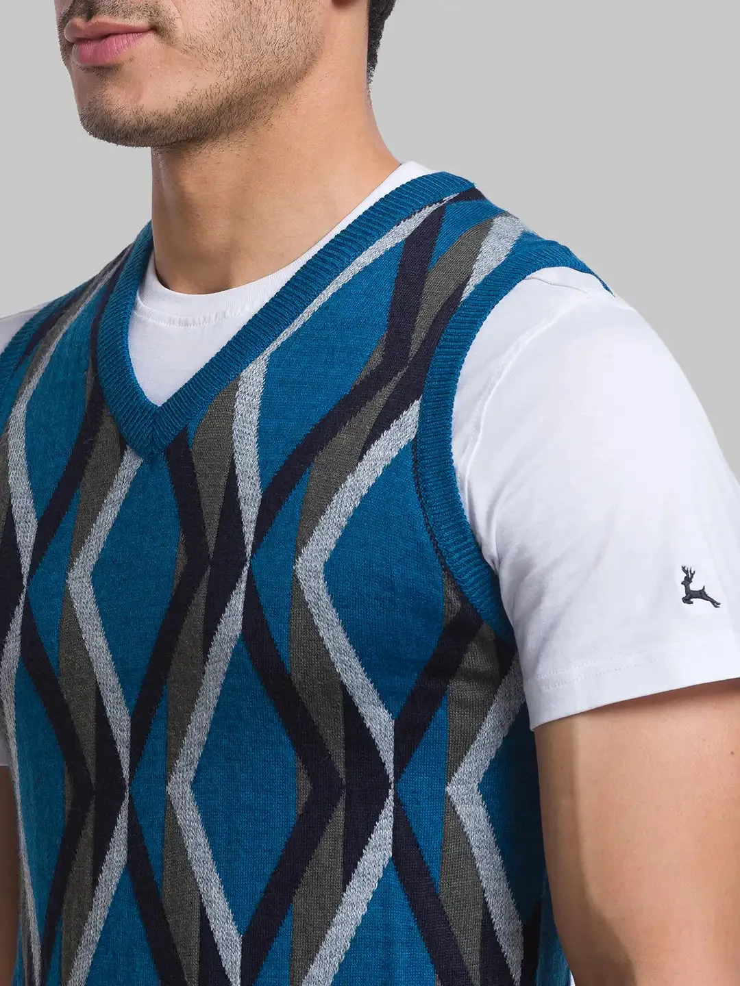 Men Petrol Intarsia Acrylic Blend Sleeveless Sweaters