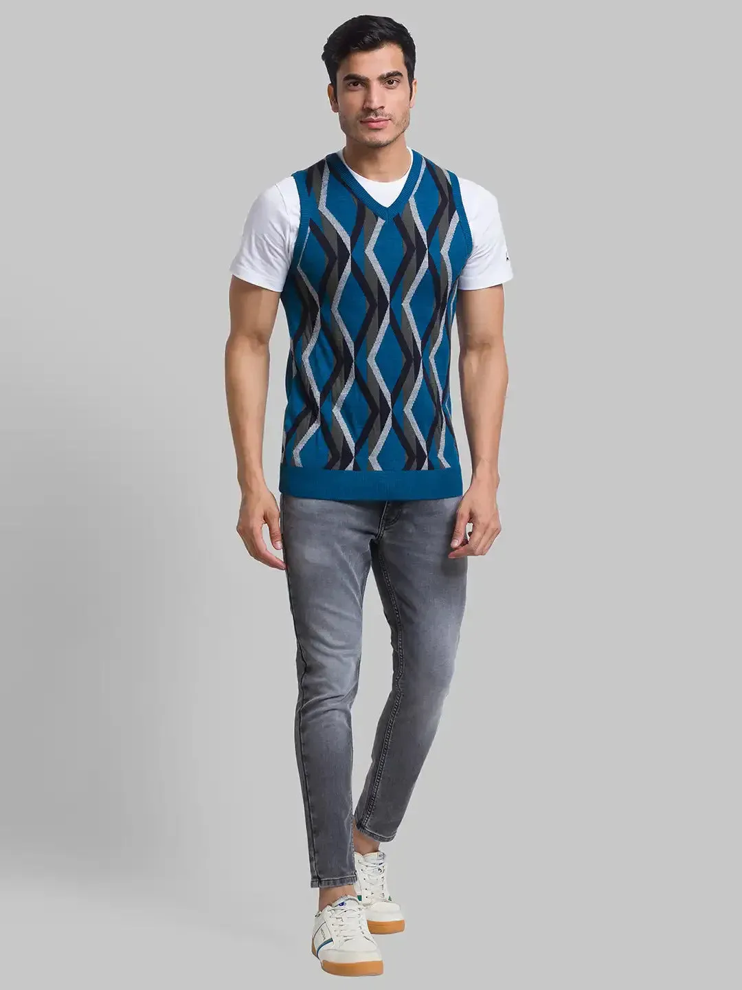 Men Petrol Intarsia Acrylic Blend Sleeveless Sweaters