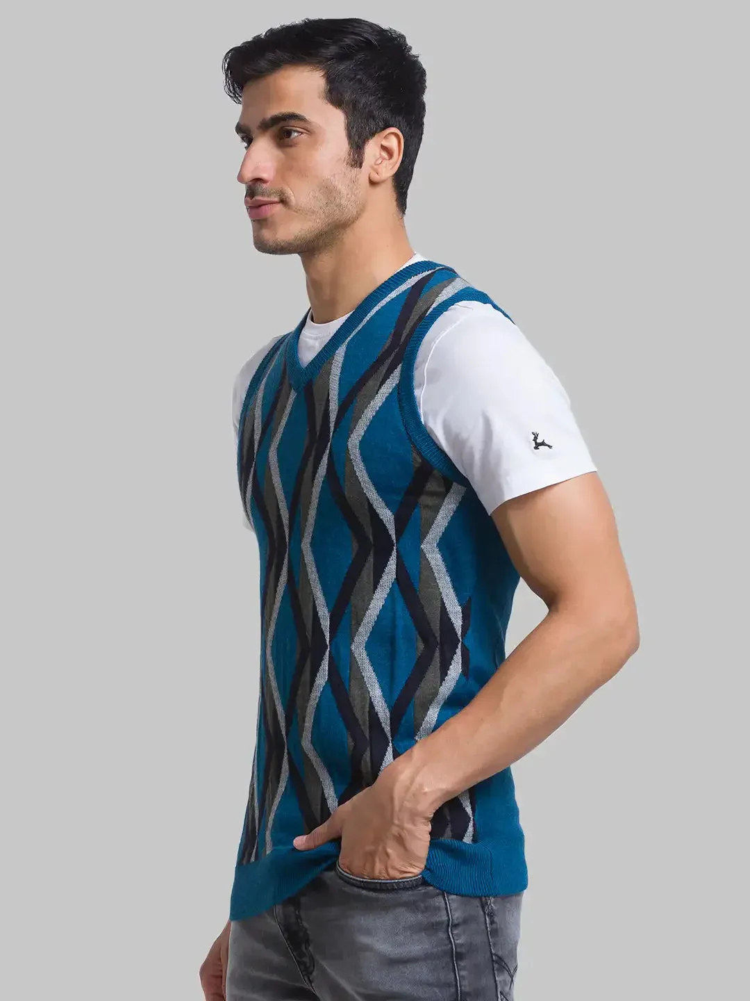 Men Petrol Intarsia Acrylic Blend Sleeveless Sweaters