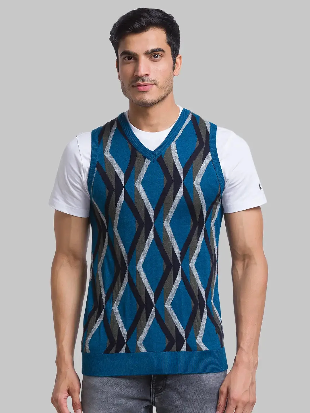 Men Petrol Intarsia Acrylic Blend Sleeveless Sweaters