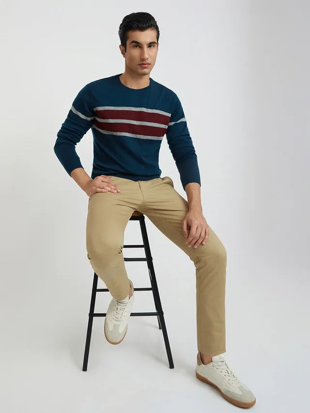 Men Petrol Stripe Acrylic Wool Blend Round Collar Sweaters