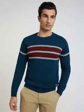 Men Petrol Stripe Acrylic Wool Blend Round Collar Sweaters