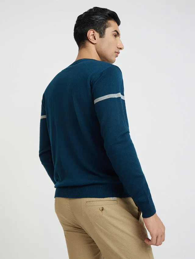 Men Petrol Stripe Acrylic Wool Blend Round Collar Sweaters