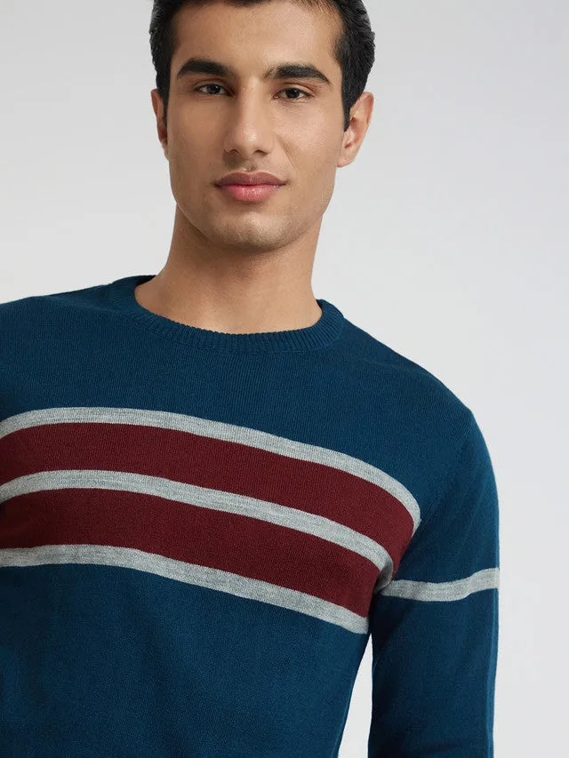 Men Petrol Stripe Acrylic Wool Blend Round Collar Sweaters