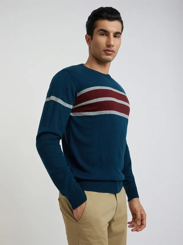 Men Petrol Stripe Acrylic Wool Blend Round Collar Sweaters