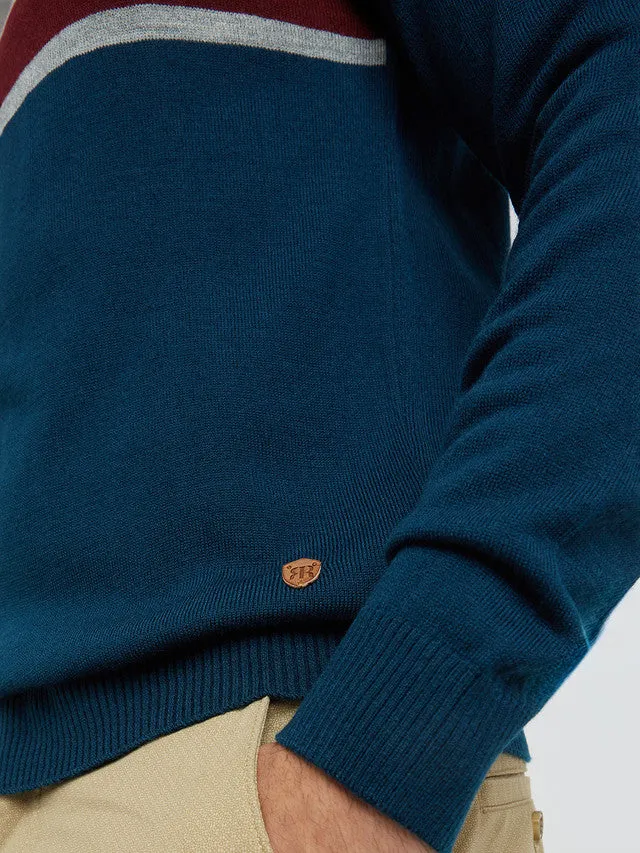 Men Petrol Stripe Acrylic Wool Blend Round Collar Sweaters