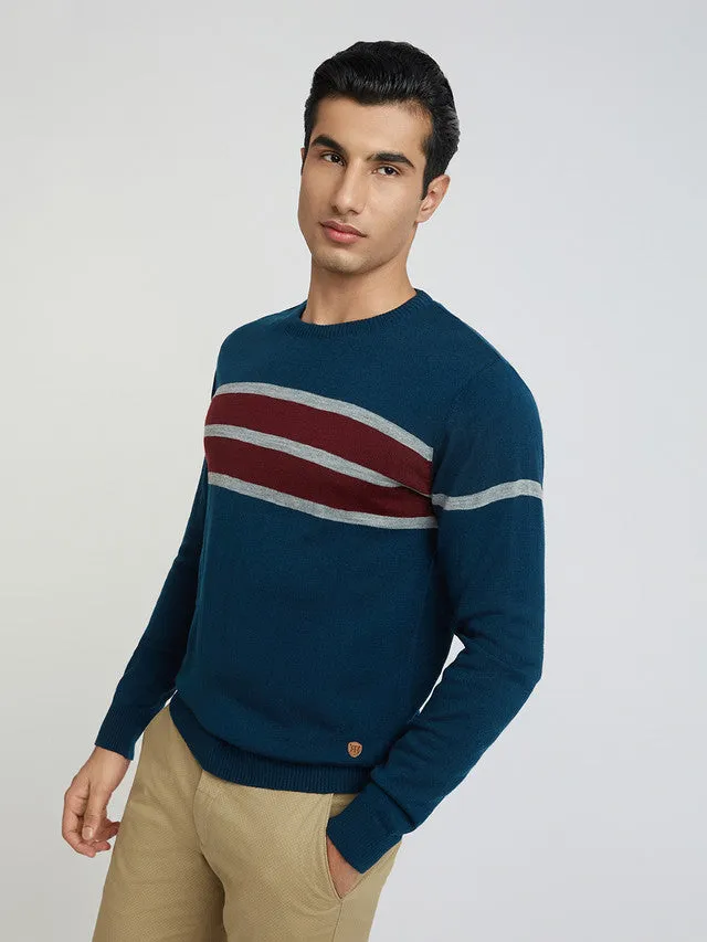 Men Petrol Stripe Acrylic Wool Blend Round Collar Sweaters