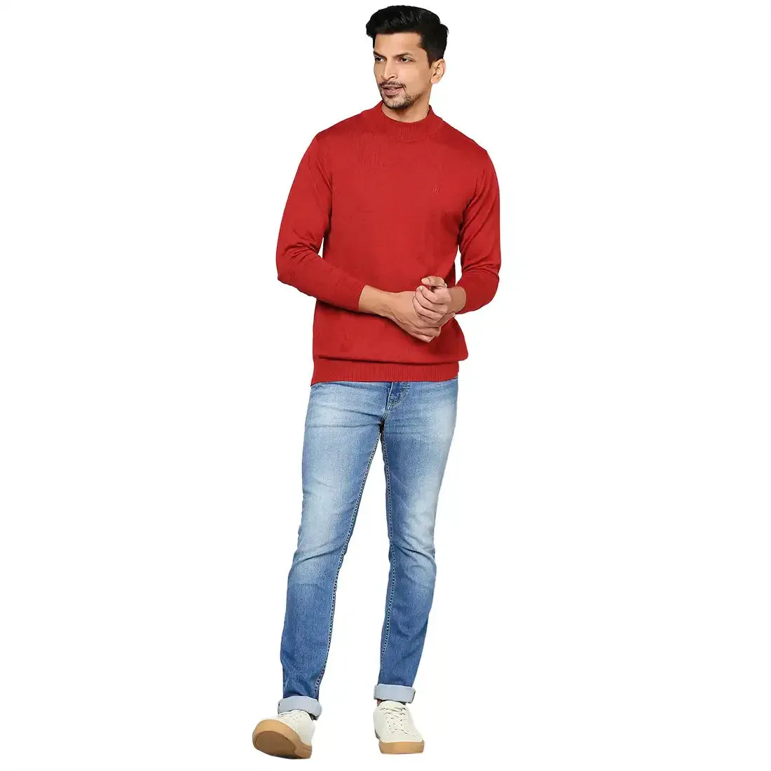 Men Red Contemporary Fit Solid Wool Blend Full Sleeve Crew Neck Collar Sweaters