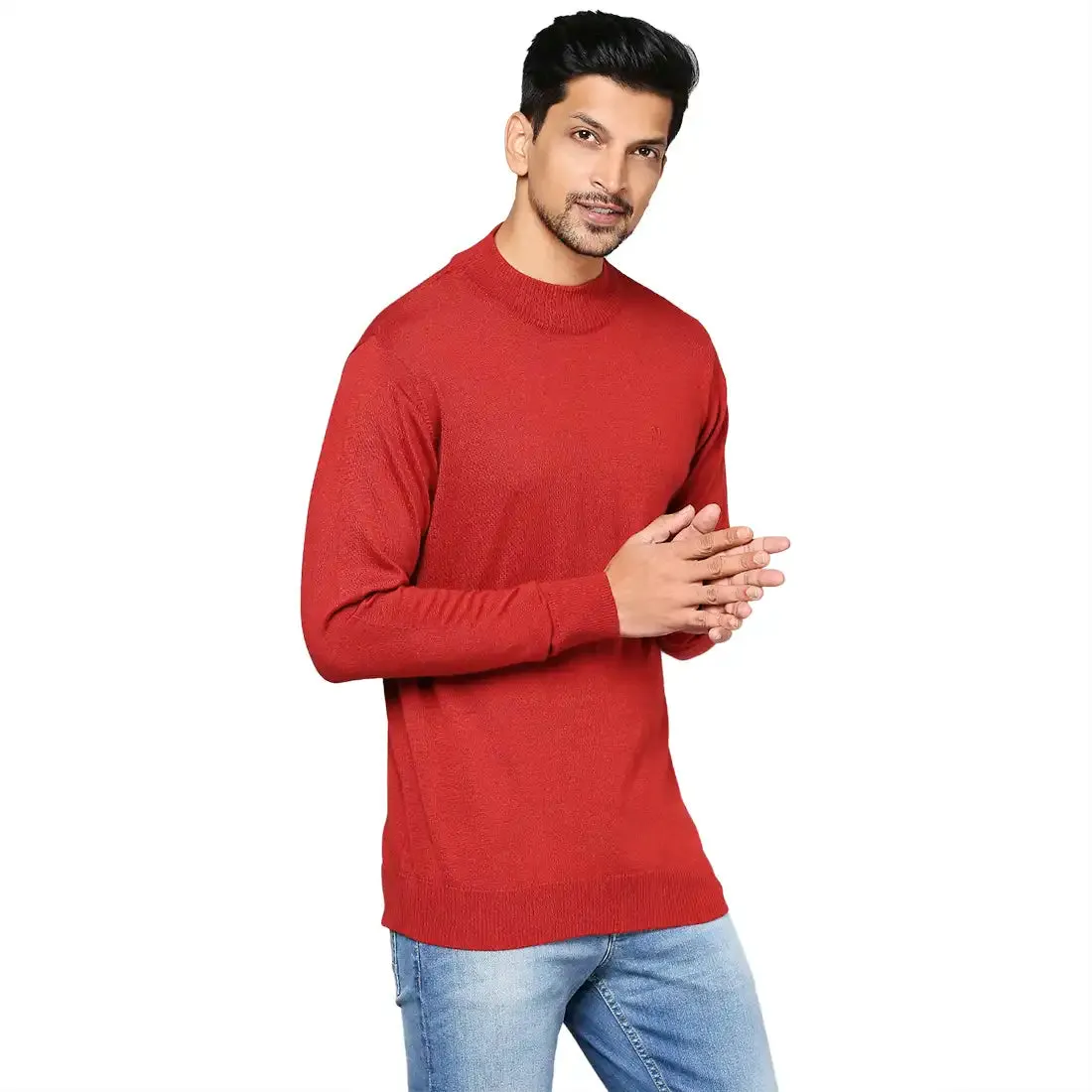 Men Red Contemporary Fit Solid Wool Blend Full Sleeve Crew Neck Collar Sweaters
