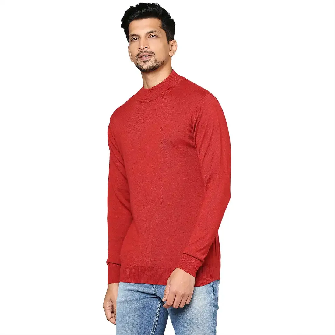 Men Red Contemporary Fit Solid Wool Blend Full Sleeve Crew Neck Collar Sweaters