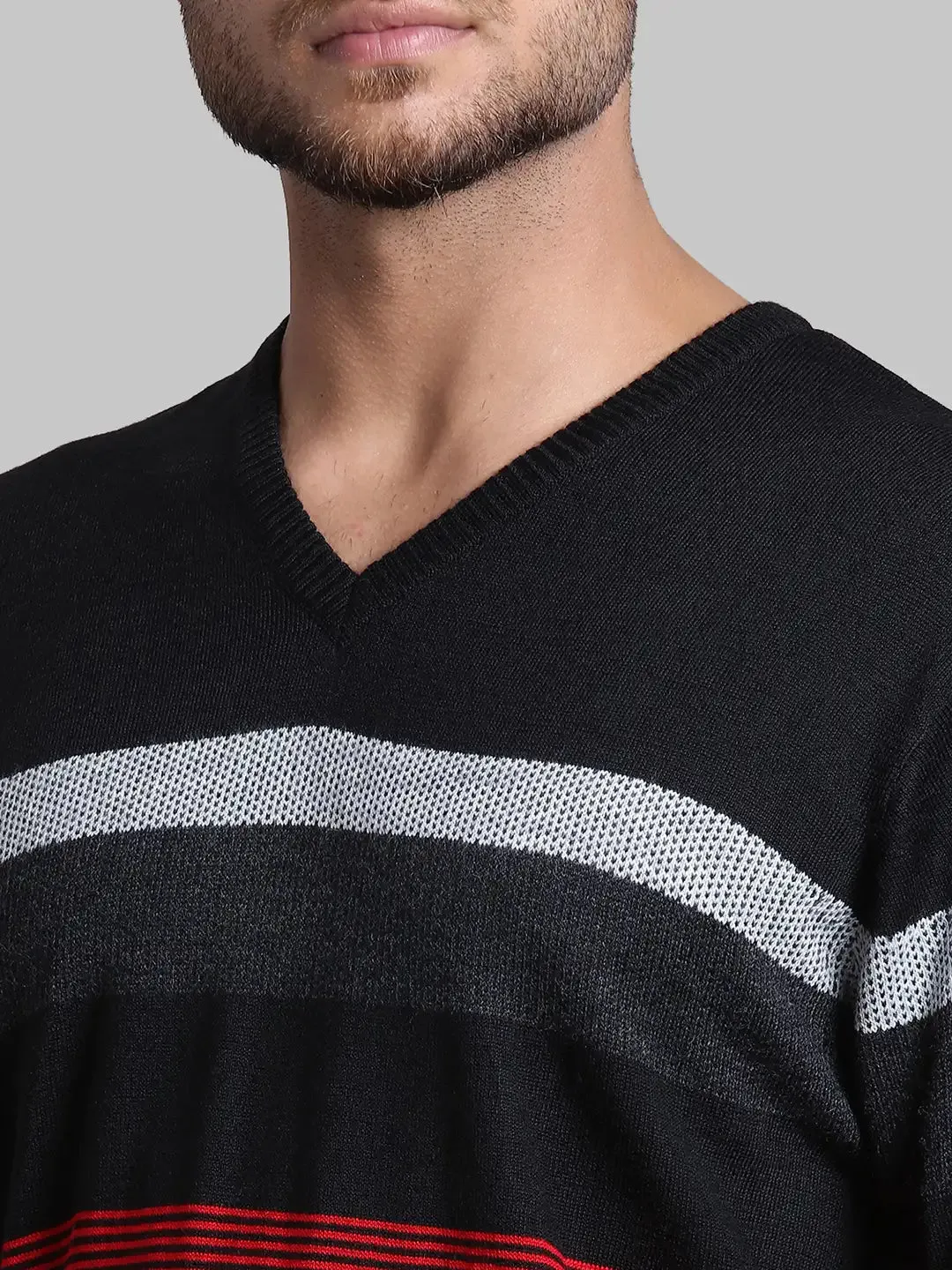Men Red Regular Fit Stripe Acrylic Blend Full Sleeve V Neck Collar Sweaters