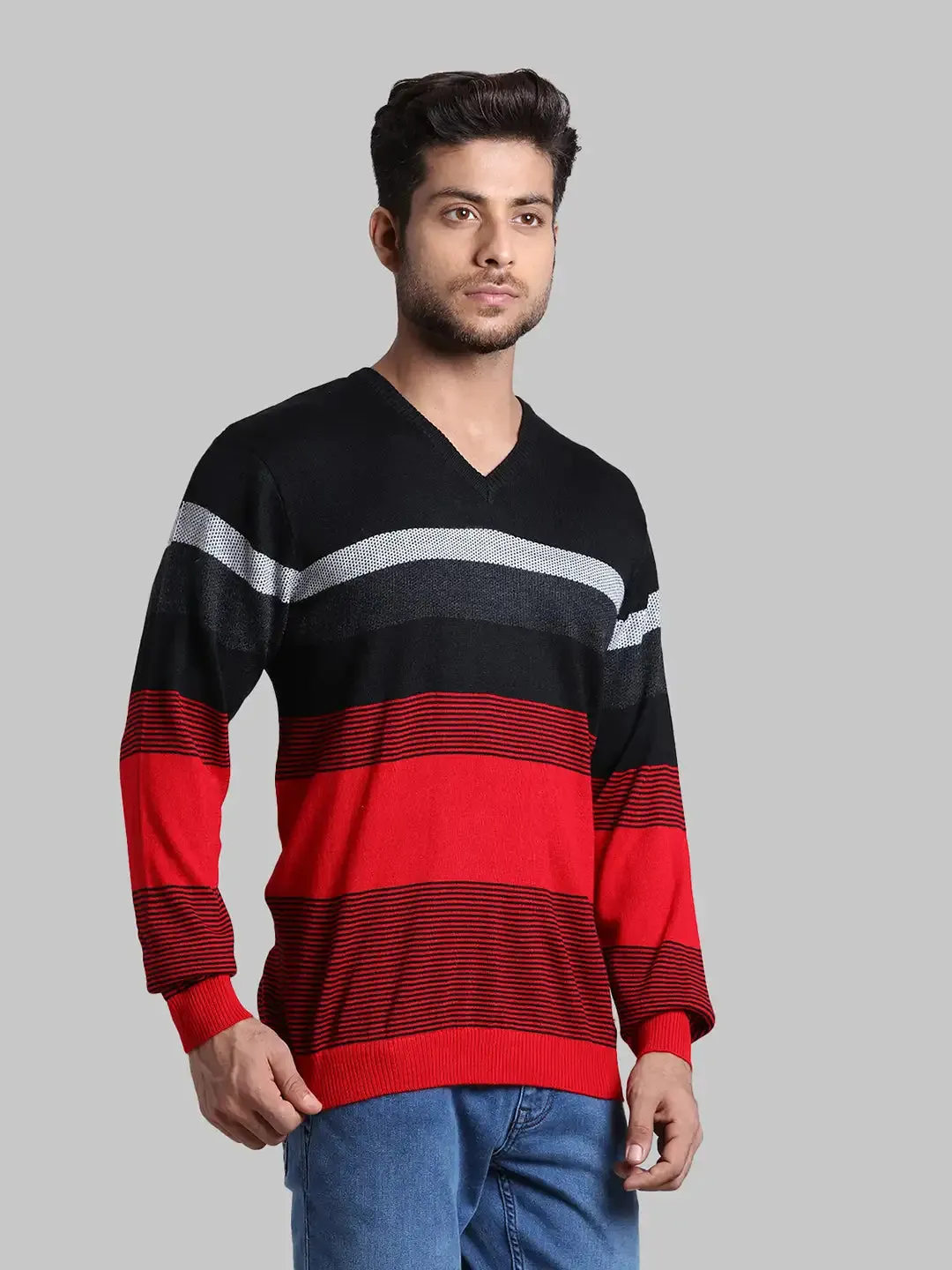 Men Red Regular Fit Stripe Acrylic Blend Full Sleeve V Neck Collar Sweaters