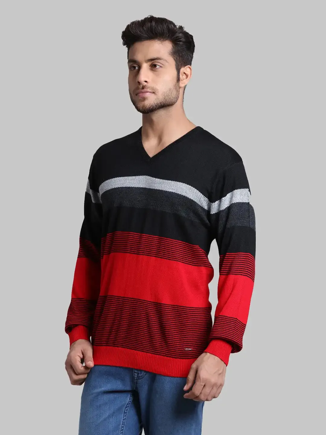 Men Red Regular Fit Stripe Acrylic Blend Full Sleeve V Neck Collar Sweaters