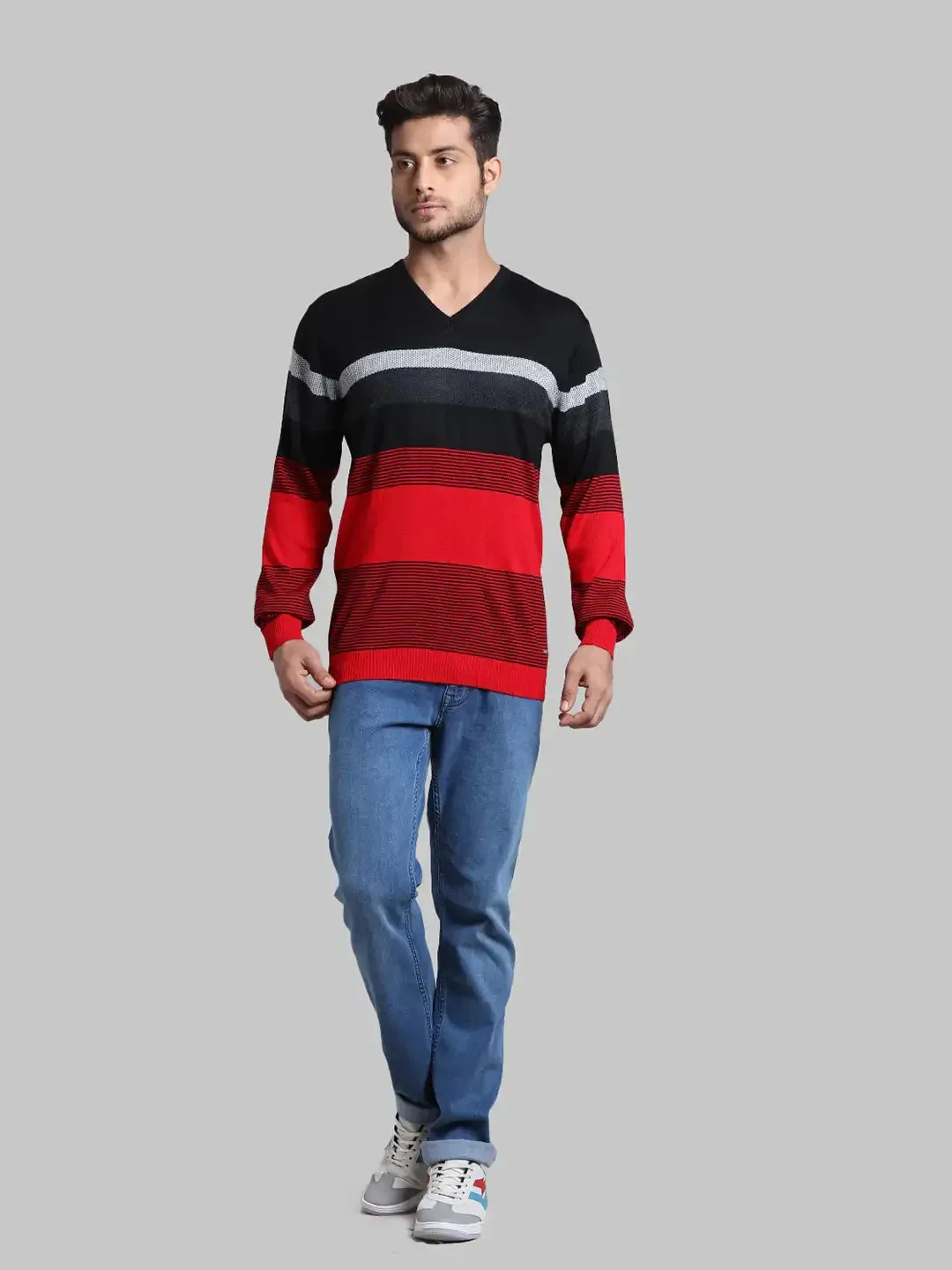 Men Red Regular Fit Stripe Acrylic Blend Full Sleeve V Neck Collar Sweaters