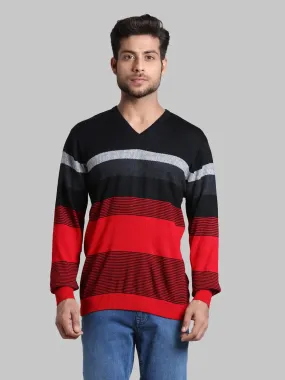 Men Red Regular Fit Stripe Acrylic Blend Full Sleeve V Neck Collar Sweaters