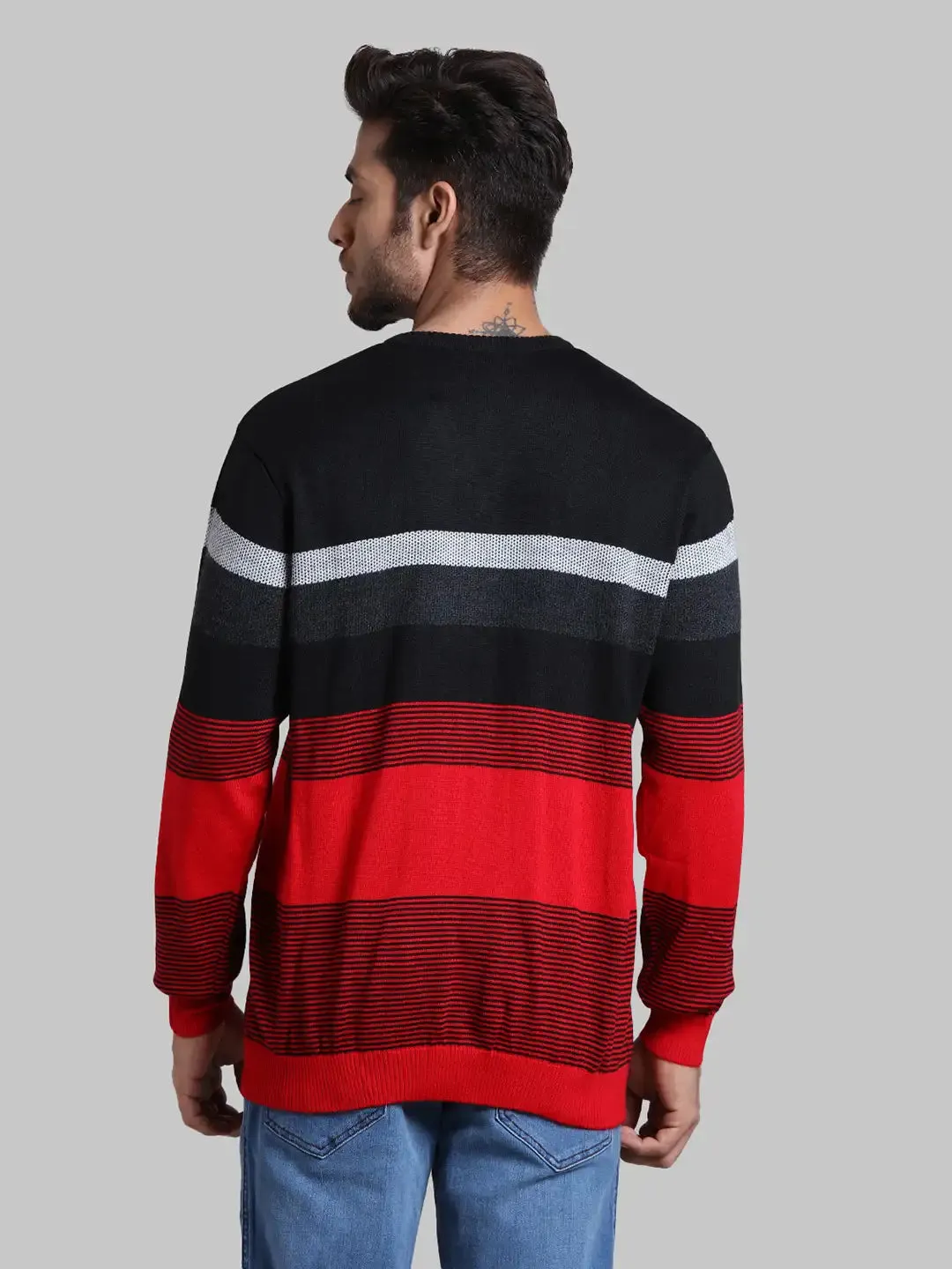 Men Red Regular Fit Stripe Acrylic Blend Full Sleeve V Neck Collar Sweaters