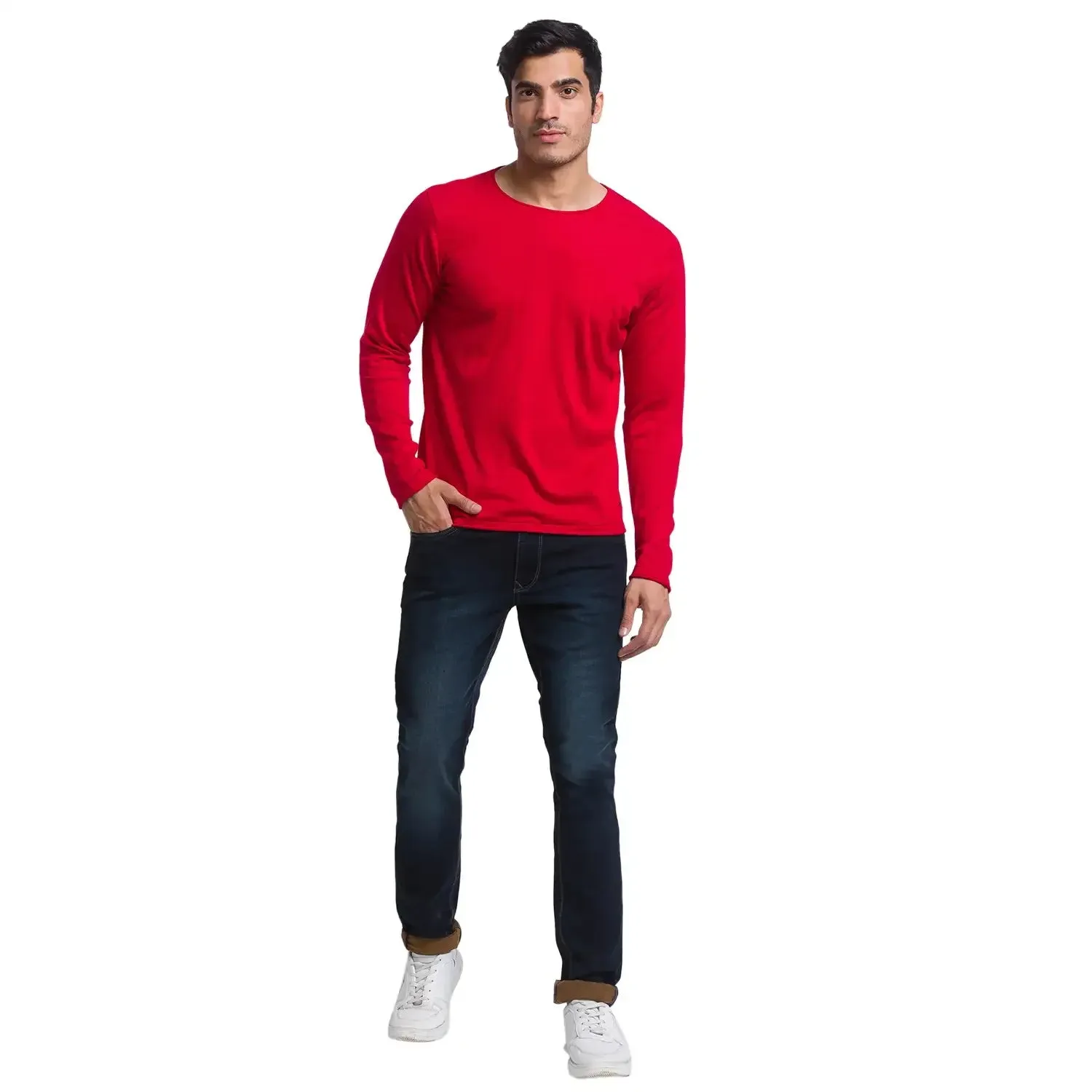 Men Red Solid Cotton Full Sleeve Sweaters