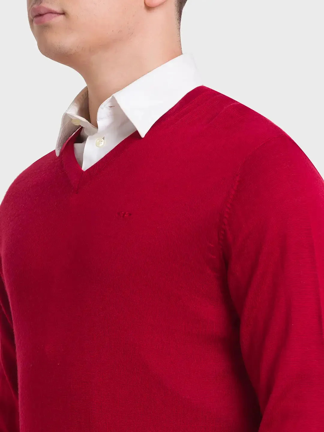 Men Red Tailored Fit Solid Merino Wool Acrylic Blend Full Sleeve V Neck Collar Sweaters