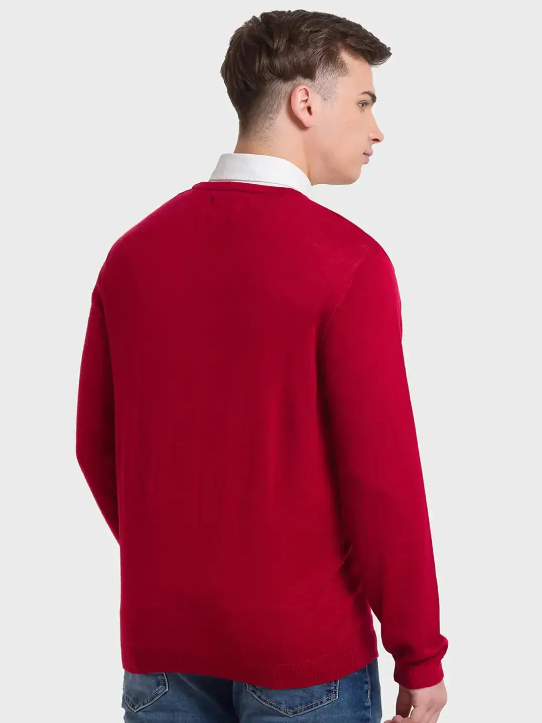 Men Red Tailored Fit Solid Merino Wool Acrylic Blend Full Sleeve V Neck Collar Sweaters