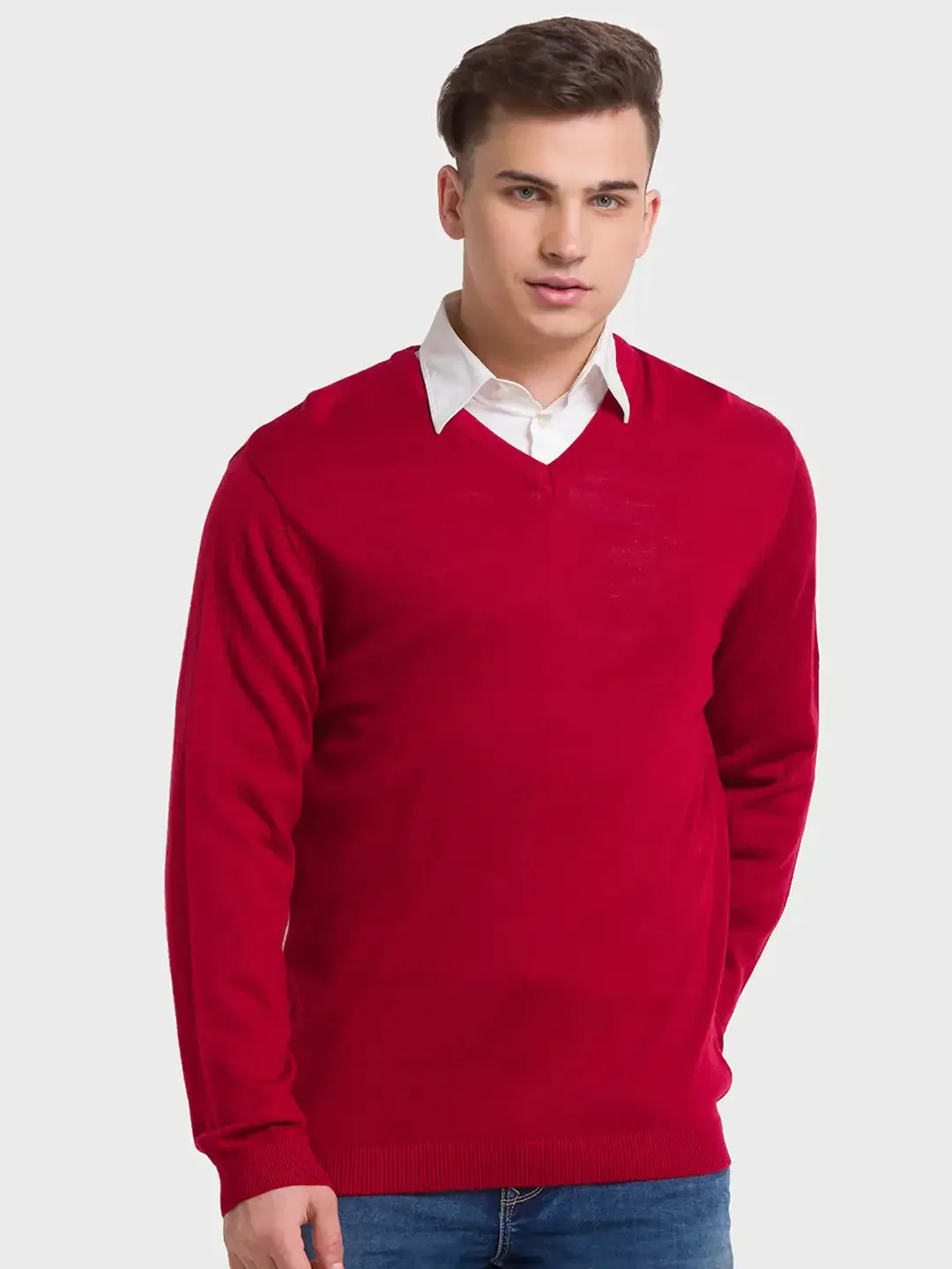 Men Red Tailored Fit Solid Merino Wool Acrylic Blend Full Sleeve V Neck Collar Sweaters