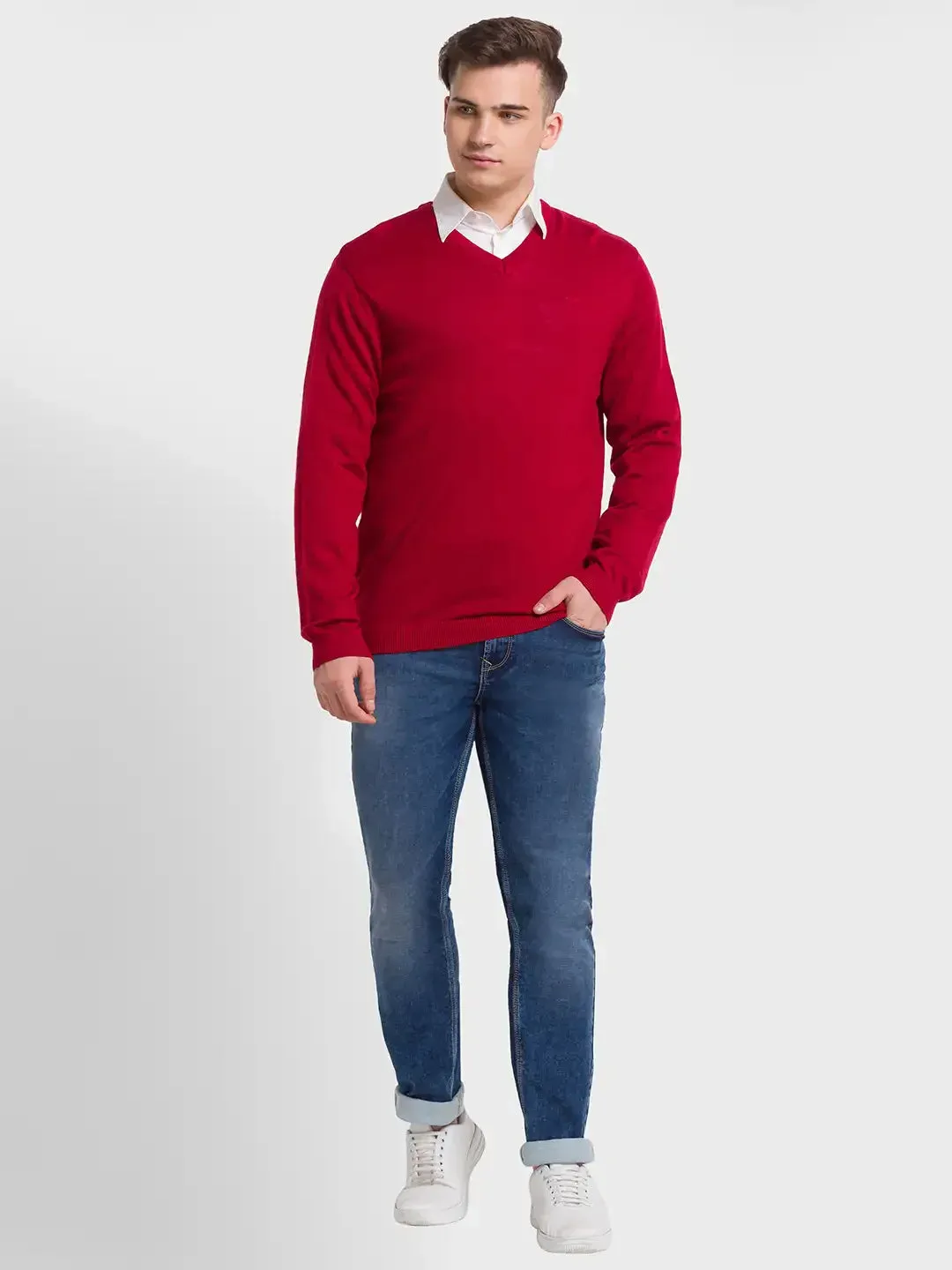 Men Red Tailored Fit Solid Merino Wool Acrylic Blend Full Sleeve V Neck Collar Sweaters