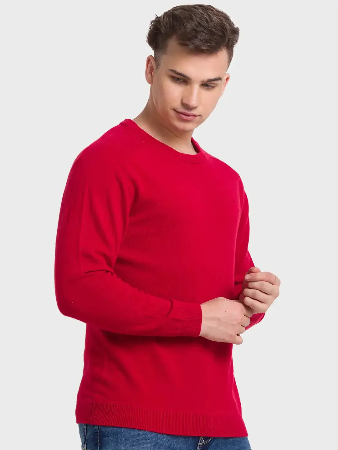 Men Red Tailored Fit Solid Wool Blend Full Sleeve V Neck Collar Sweaters