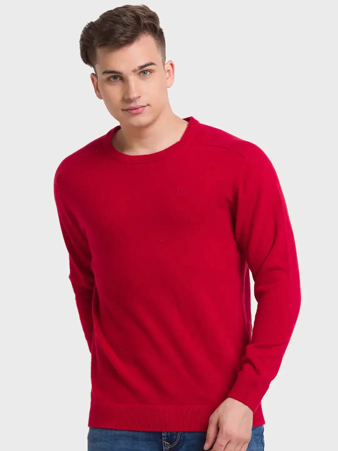 Men Red Tailored Fit Solid Wool Blend Full Sleeve V Neck Collar Sweaters
