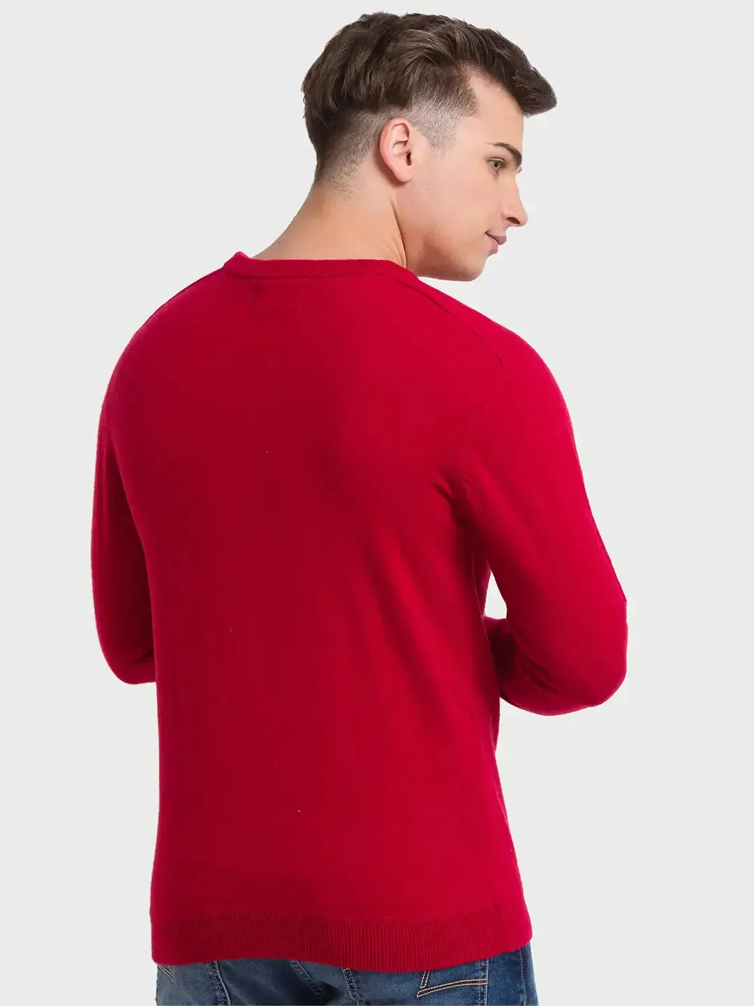 Men Red Tailored Fit Solid Wool Blend Full Sleeve V Neck Collar Sweaters
