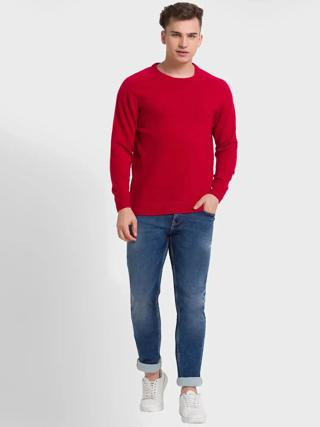 Men Red Tailored Fit Solid Wool Blend Full Sleeve V Neck Collar Sweaters