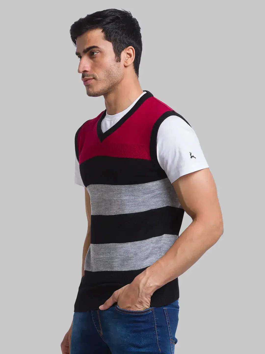 Men Red Yarn Dyed Acrylic Sleeveless Sweaters