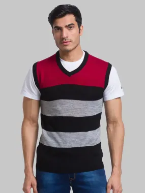 Men Red Yarn Dyed Acrylic Sleeveless Sweaters