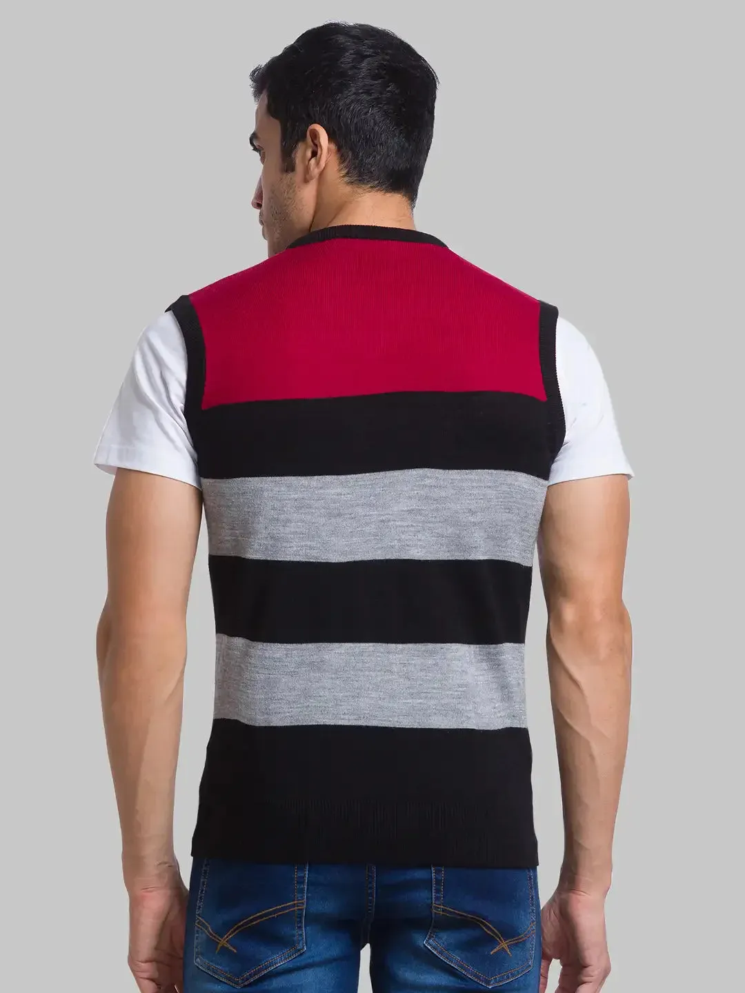Men Red Yarn Dyed Acrylic Sleeveless Sweaters