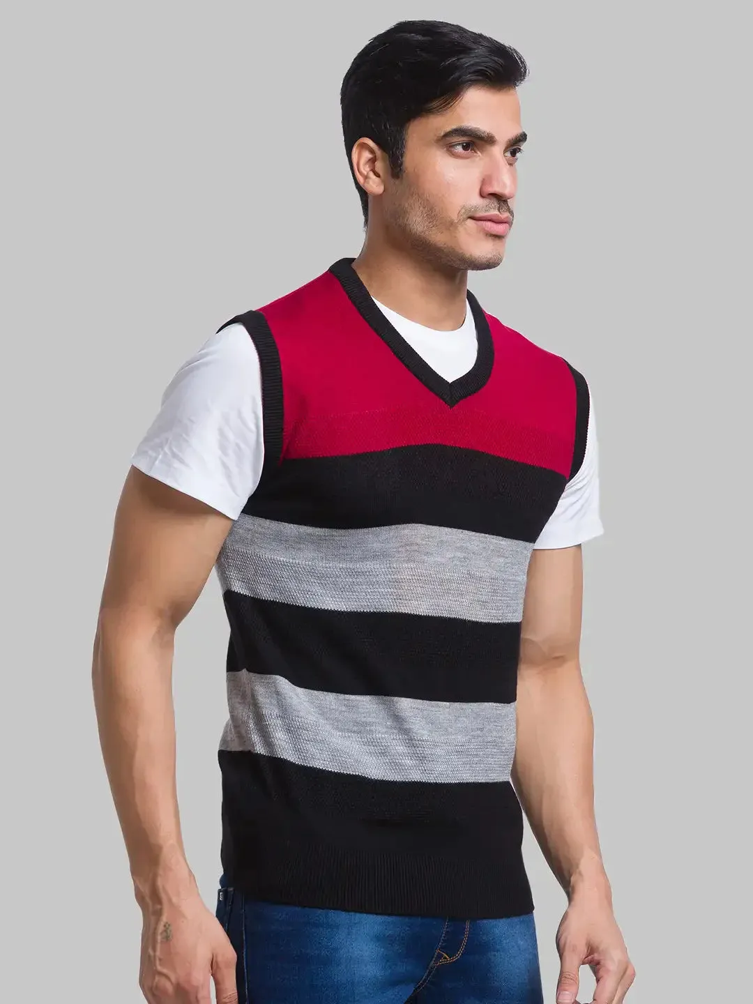 Men Red Yarn Dyed Acrylic Sleeveless Sweaters