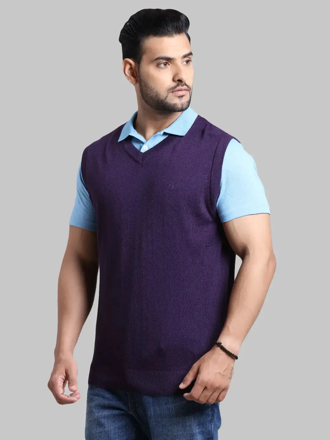 Men Violet Classic Fit Solid Wool Blend Sleeveless V Neck Collar Sweaters