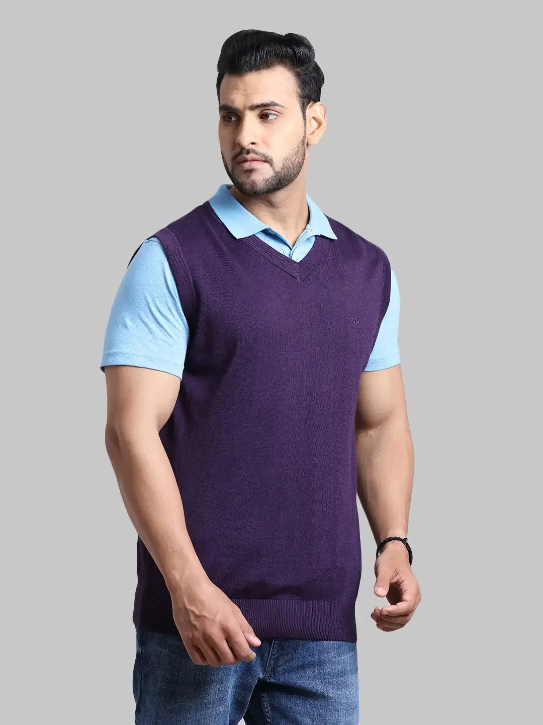 Men Violet Classic Fit Solid Wool Blend Sleeveless V Neck Collar Sweaters