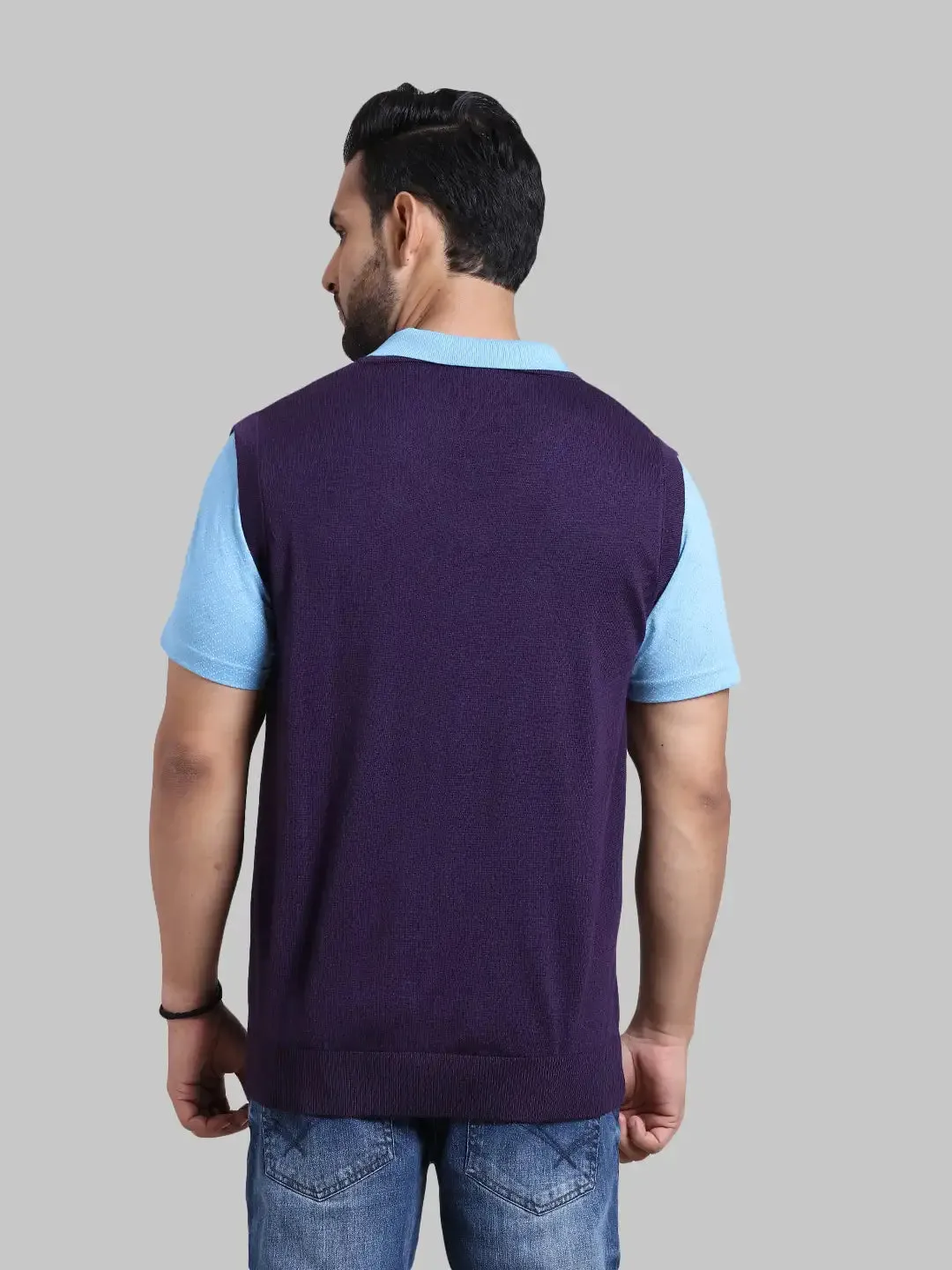 Men Violet Classic Fit Solid Wool Blend Sleeveless V Neck Collar Sweaters