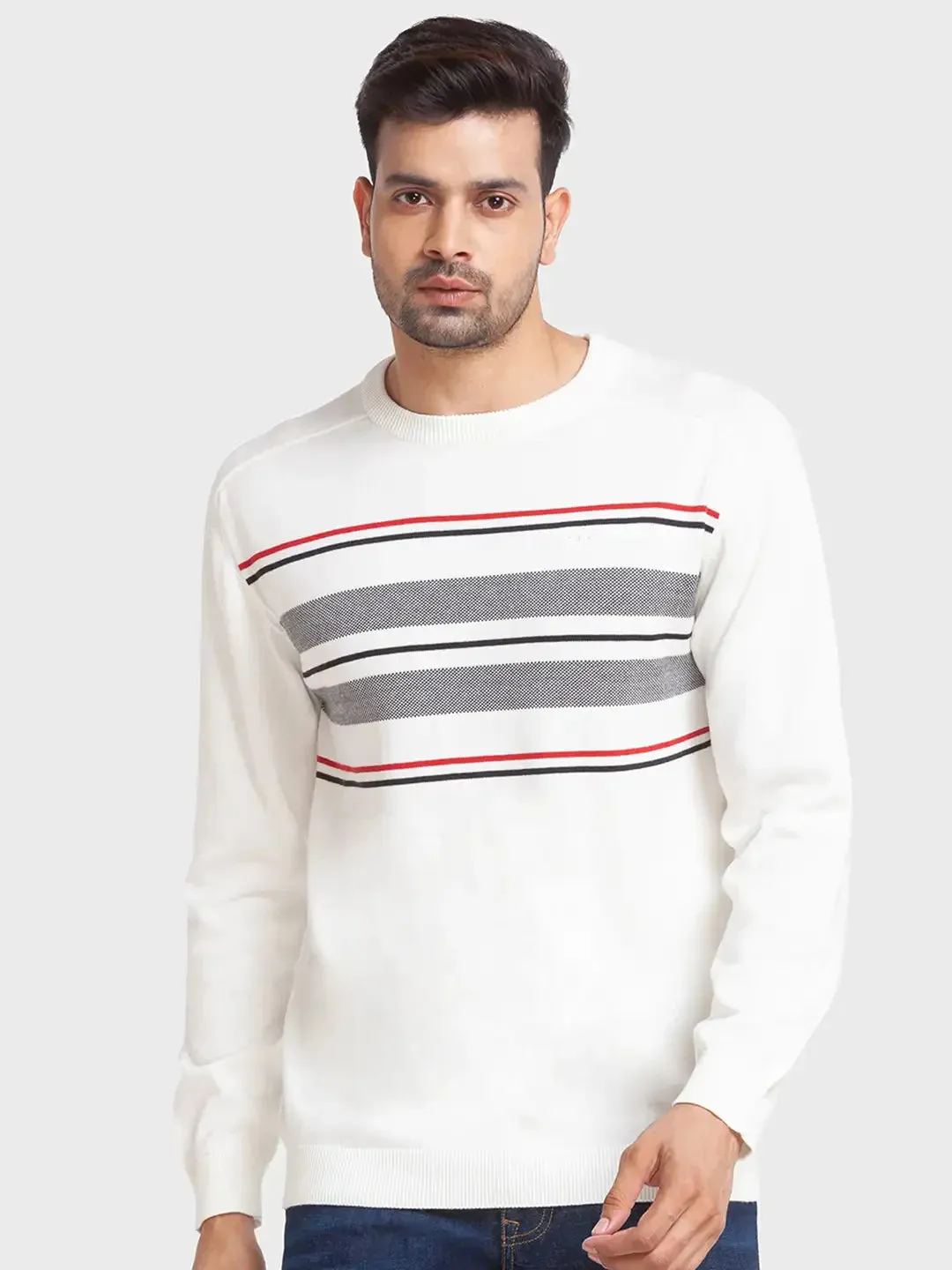 Men White Tailored Fit Jacquard Cotton Full Sleeve Round Collar Sweaters