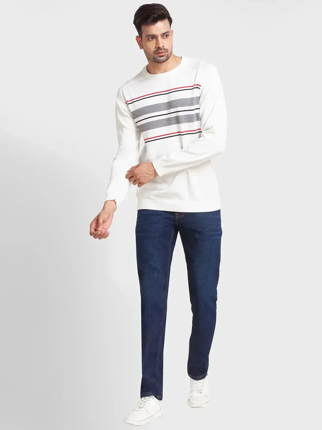 Men White Tailored Fit Jacquard Cotton Full Sleeve Round Collar Sweaters