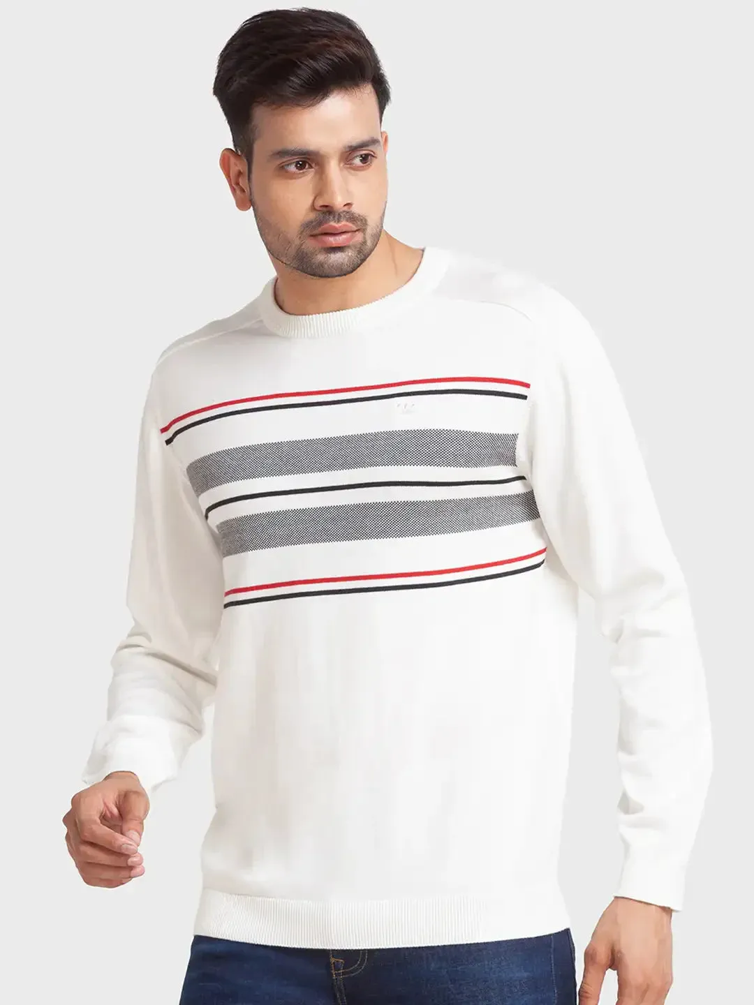 Men White Tailored Fit Jacquard Cotton Full Sleeve Round Collar Sweaters