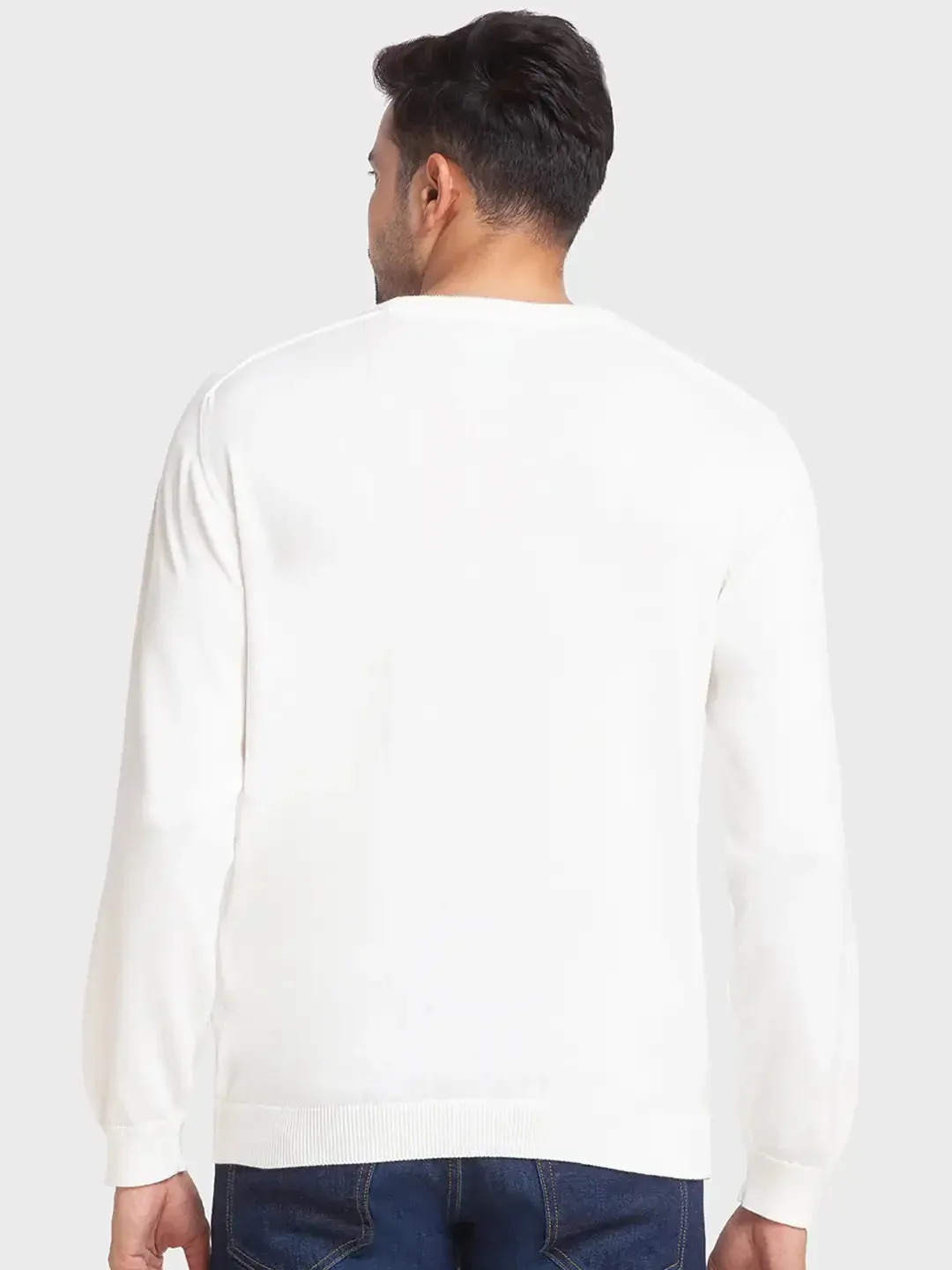 Men White Tailored Fit Jacquard Cotton Full Sleeve Round Collar Sweaters