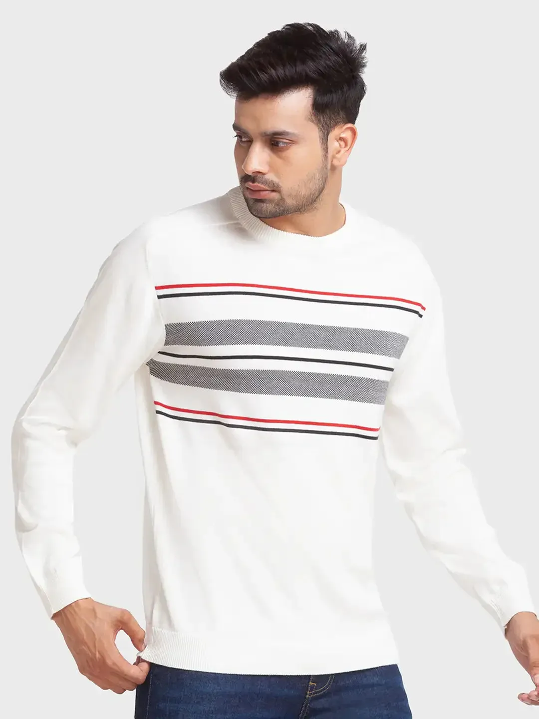 Men White Tailored Fit Jacquard Cotton Full Sleeve Round Collar Sweaters
