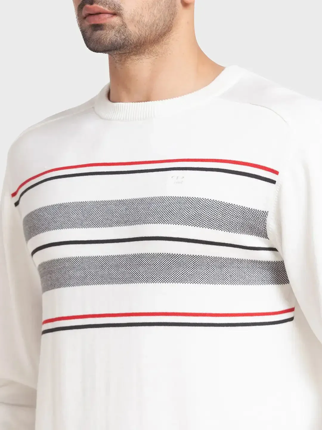 Men White Tailored Fit Jacquard Cotton Full Sleeve Round Collar Sweaters