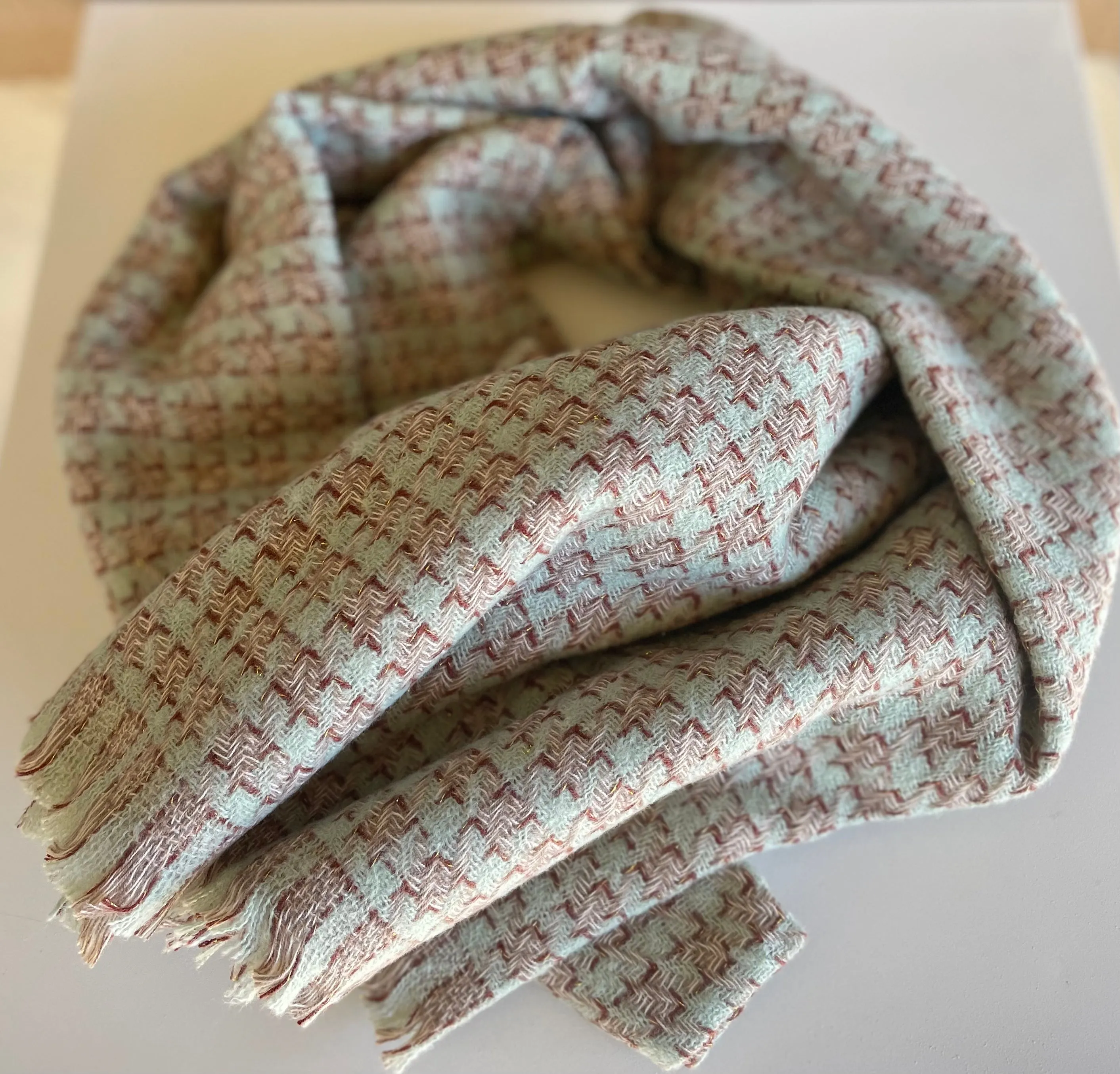Mint & Pink Houndstooth Soft Rectangle Scarf w/Frayed Edge