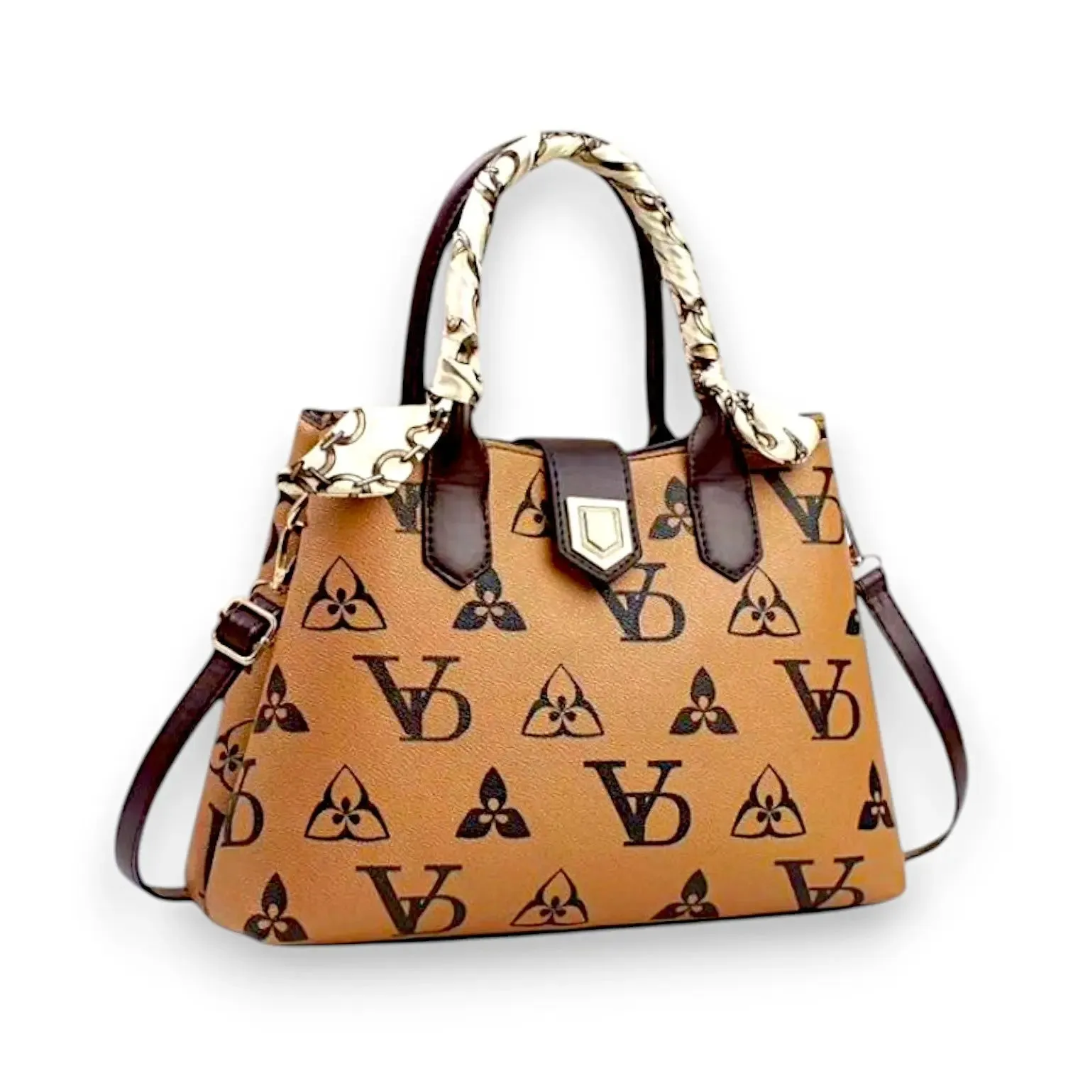 Monogrammed Two-Tone Bag with Scarf Accent