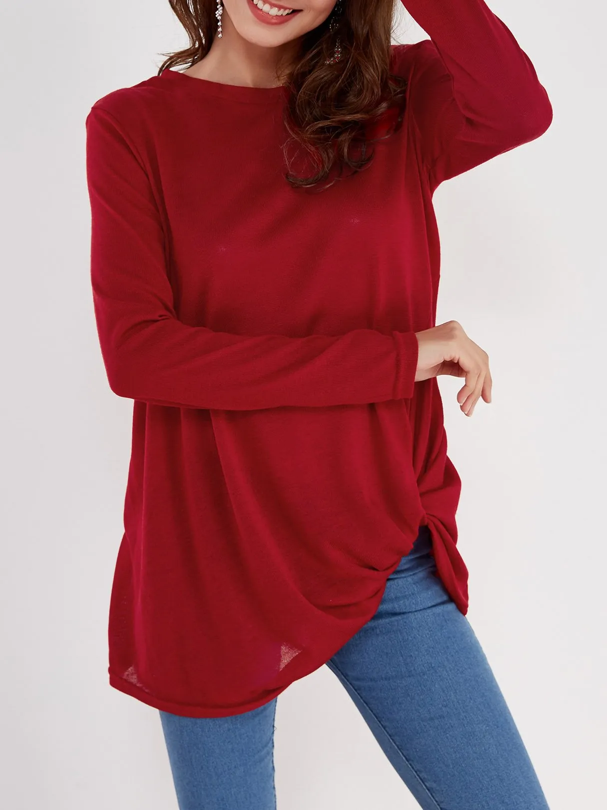 OEM ODM Round Neck Plain Crossed Front Pleated Long Sleeve Irregular Hem T-Shirts