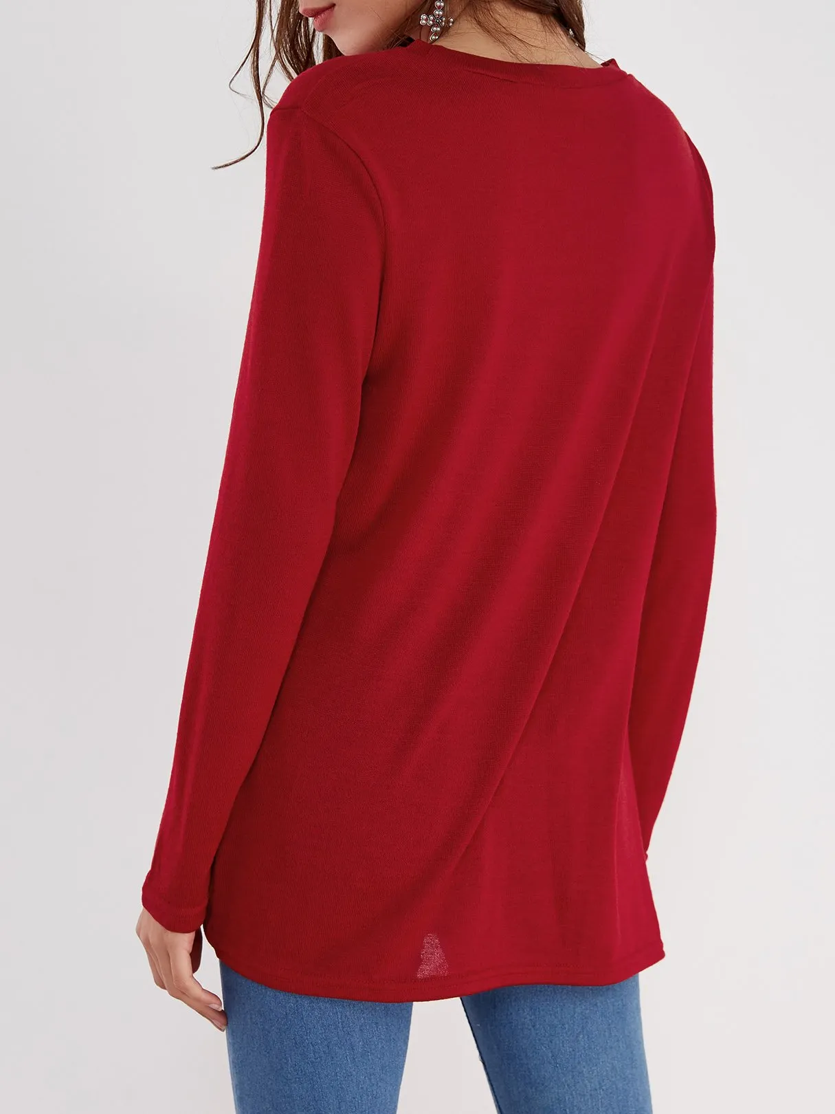 OEM ODM Round Neck Plain Crossed Front Pleated Long Sleeve Irregular Hem T-Shirts