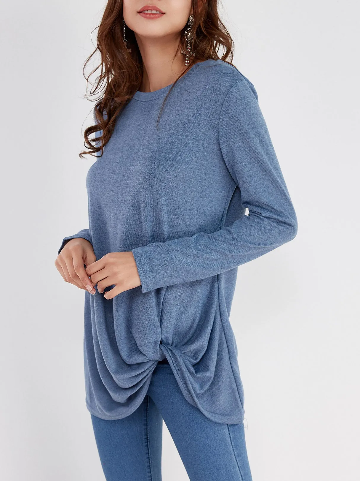 OEM ODM Round Neck Plain Crossed Front Pleated Long Sleeve Irregular Hem T-Shirts