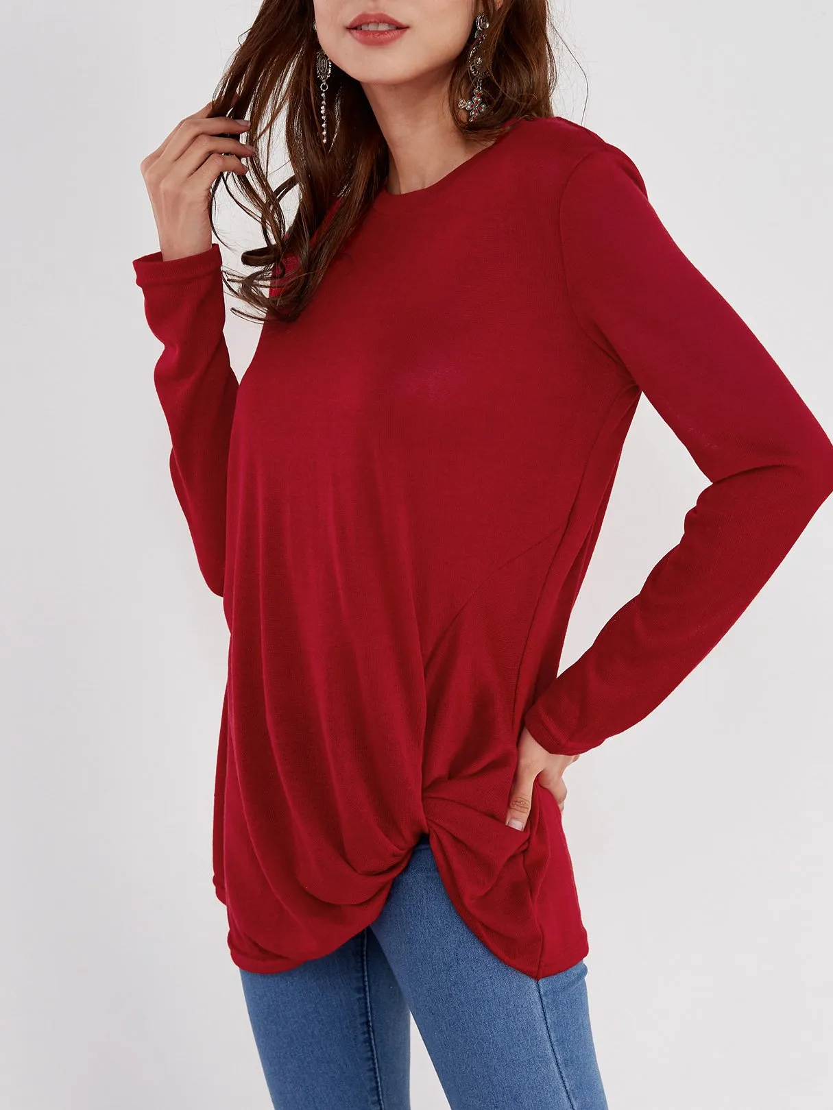 OEM ODM Round Neck Plain Crossed Front Pleated Long Sleeve Irregular Hem T-Shirts