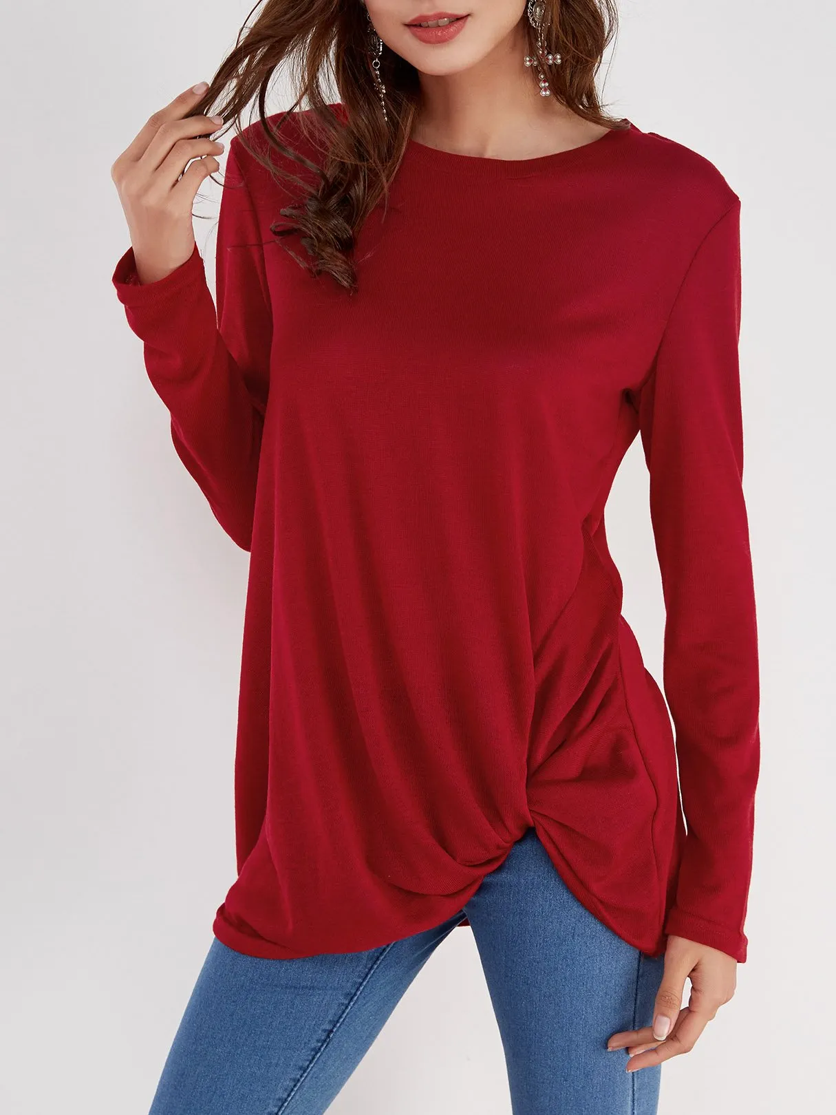OEM ODM Round Neck Plain Crossed Front Pleated Long Sleeve Irregular Hem T-Shirts